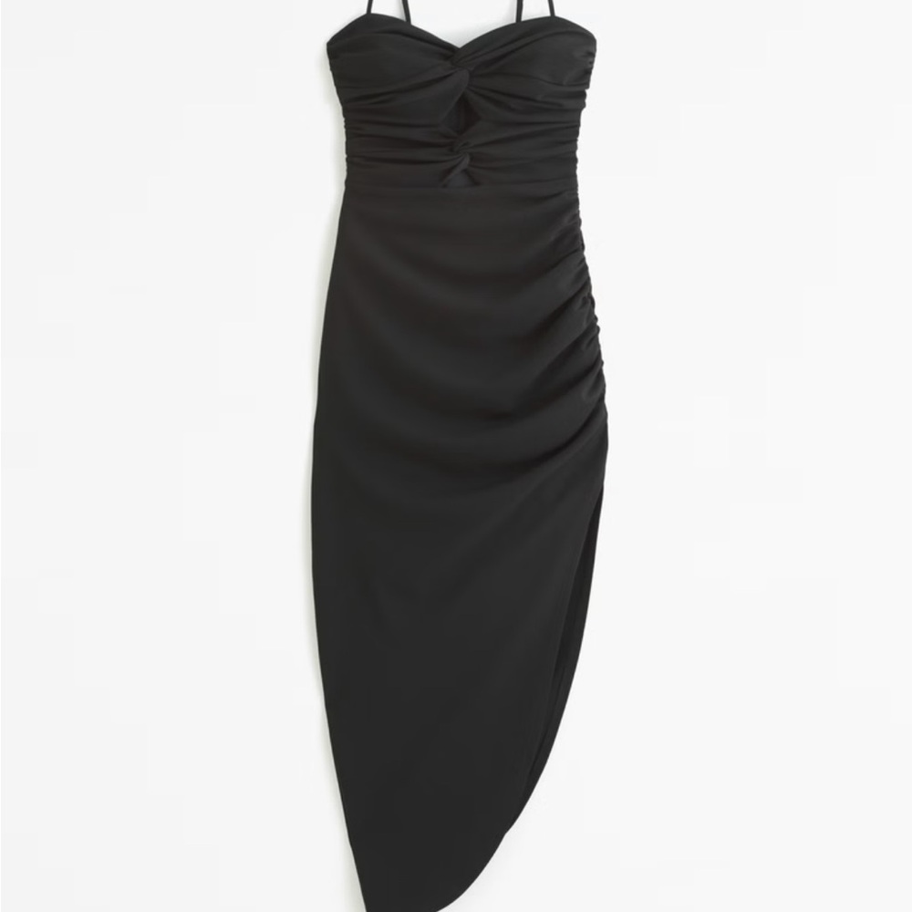 Abercrombie & Fitch Ruched Front Cutout Asymmetrical Midi Dress Black